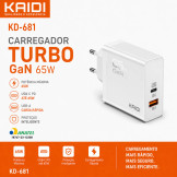 Carregador Turbo 65W USB-C - GaN - Kaidi