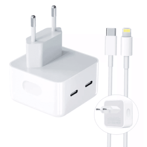Tomada 50w Dupla USB-C + USB-C Lightning e Cabo 