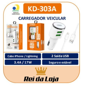 Carregador Carro 2x USB - iPhone - 3.4A - Kaidi