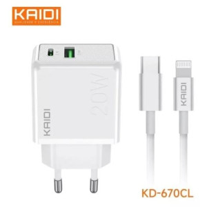 Carregador Turbo 20w USB+Tipo C + Cabo - Iphone - Kaidi