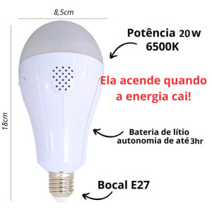 Lâmpada de Emergência LED - Inteligente - 20W - Acende quando cai energia